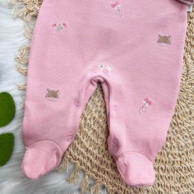  Macacão Tricotil (Tricot 100% Algodão) com Gola e Bordado - Raposinha e Flores - Rose